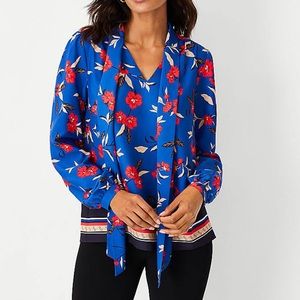 Ann Taylor border floral tie neck blouse